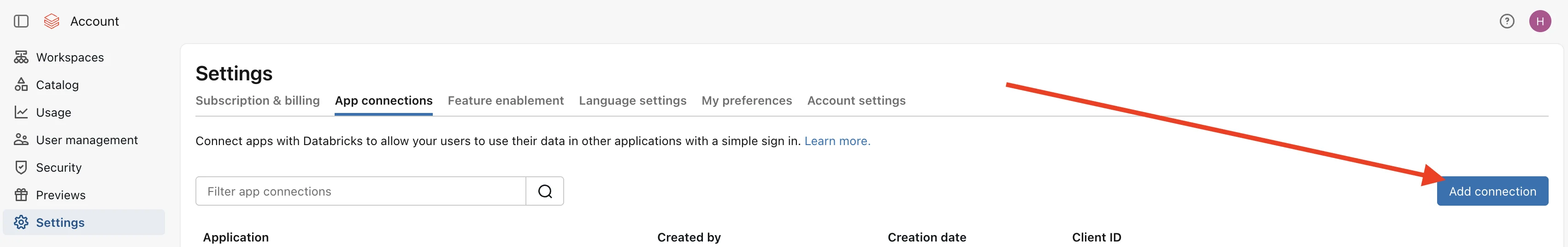 Databricks account console App connections tab with the Add connection button