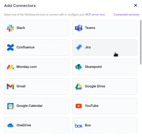 Add Connectors panel listing available user connectors