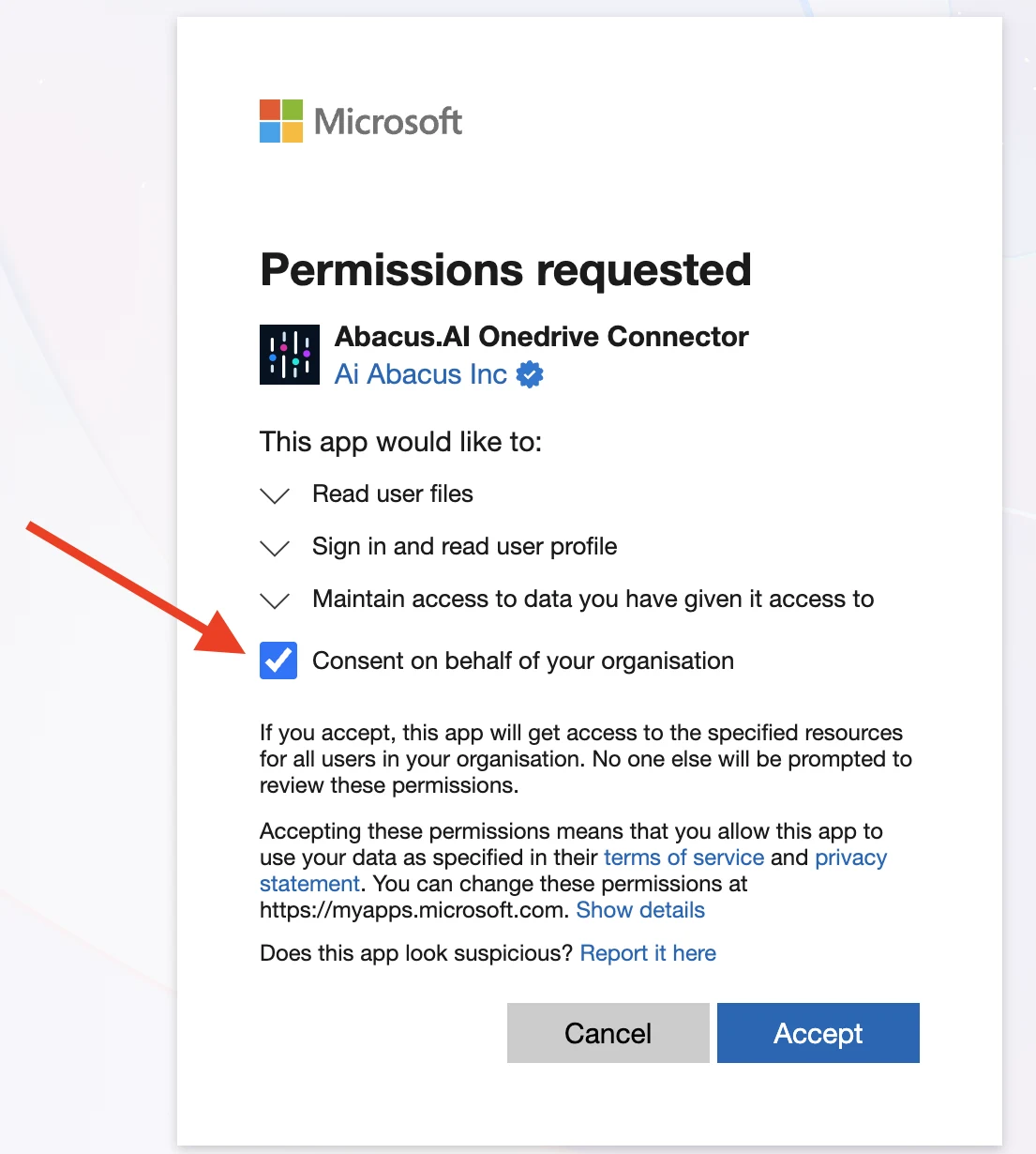 Microsoft Permissions requested screen with the Consent on behalf of your organization checkbox ticked